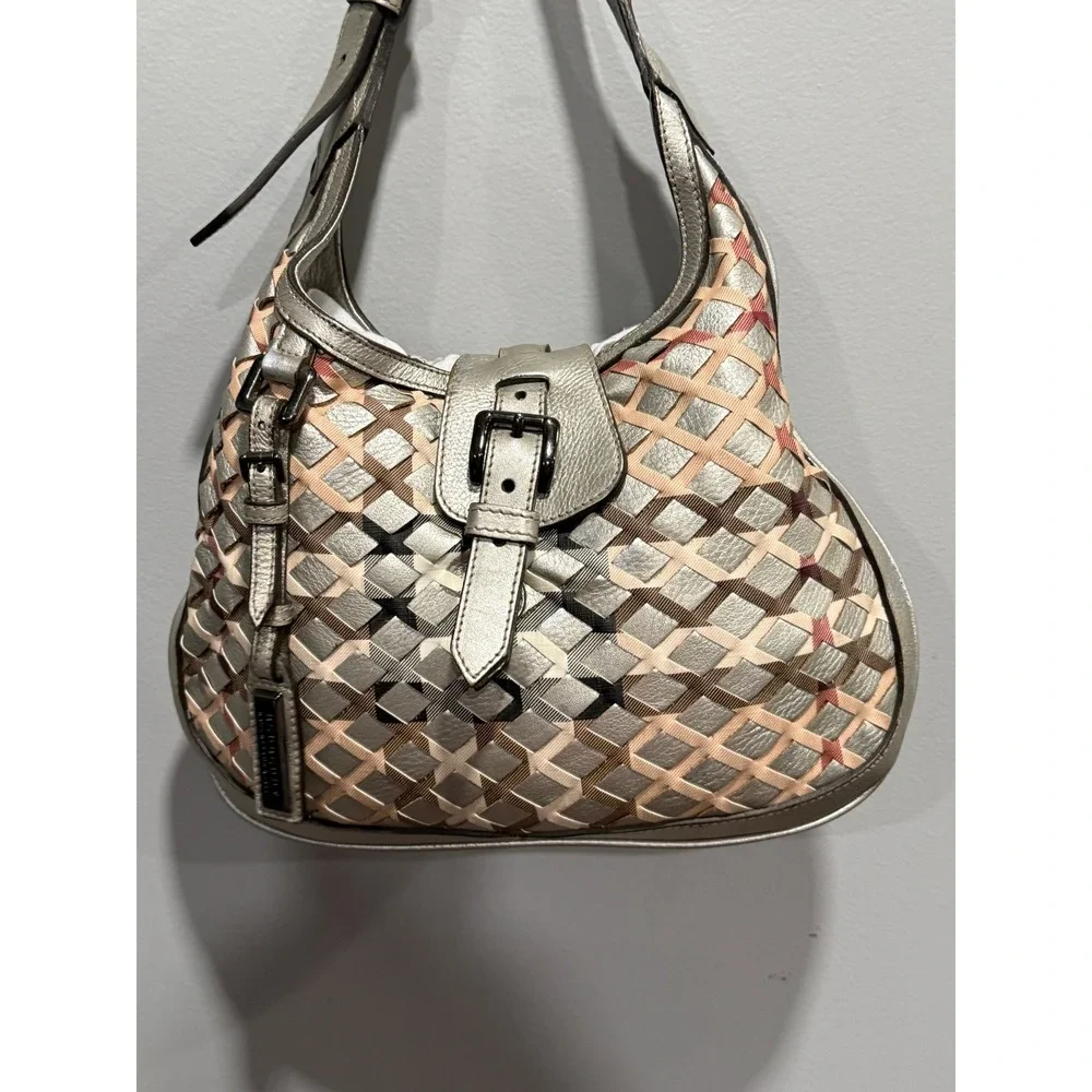 Burberry Metallic Silver Woven Lattice Leather Hobo Bag Nova Check ITEFFEP114SCA